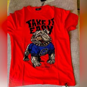 Avenue George V Paris T-Shirt Crystal rhinestone bulldog men’s red fitted tee